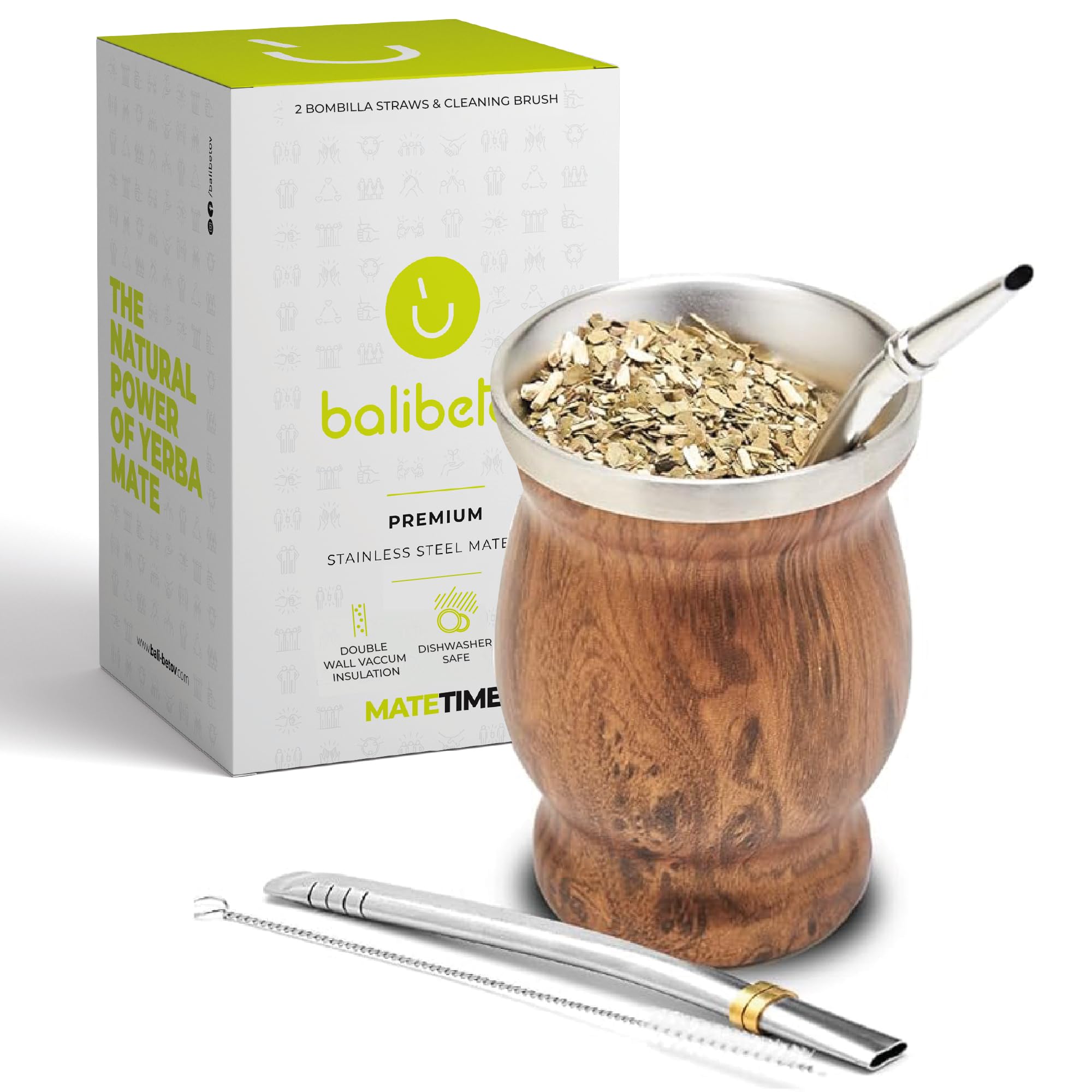 BALIBETOV Mate Cup And Bombilla Set - Yerba Mate Set Includes One Yerba Mate Cup, Two Bombilla Mate (Straw) and Brush - Stainless Steel Double-Wall | Easy to Clean Yerba Mate Gourd (Wood)