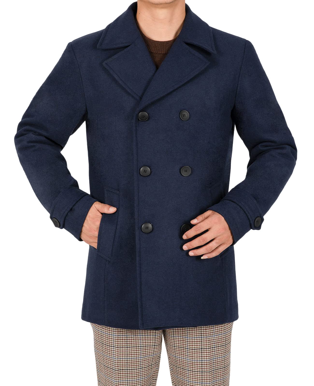 Bonnorth Men's Wool Blend Quilted Lined Double Breasted Pea Coat Winter Warm Classic Notched Collar Overcoat
