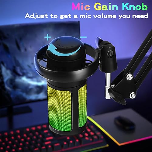 Miniatura 4 de KingSom Micrófono USB para juegos, micrófono condensador de cancelación de ruido con brazo de pluma, micrófonos podcast RGB para computadora,