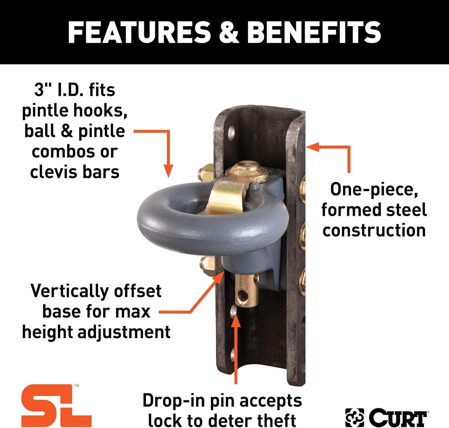 CURT 48641 SecureLatch Adjustable Lunette Ring with 11-3/4-Inch Channel 40,000 Pounds, 3-Inch ID, Battleship Grey Finish