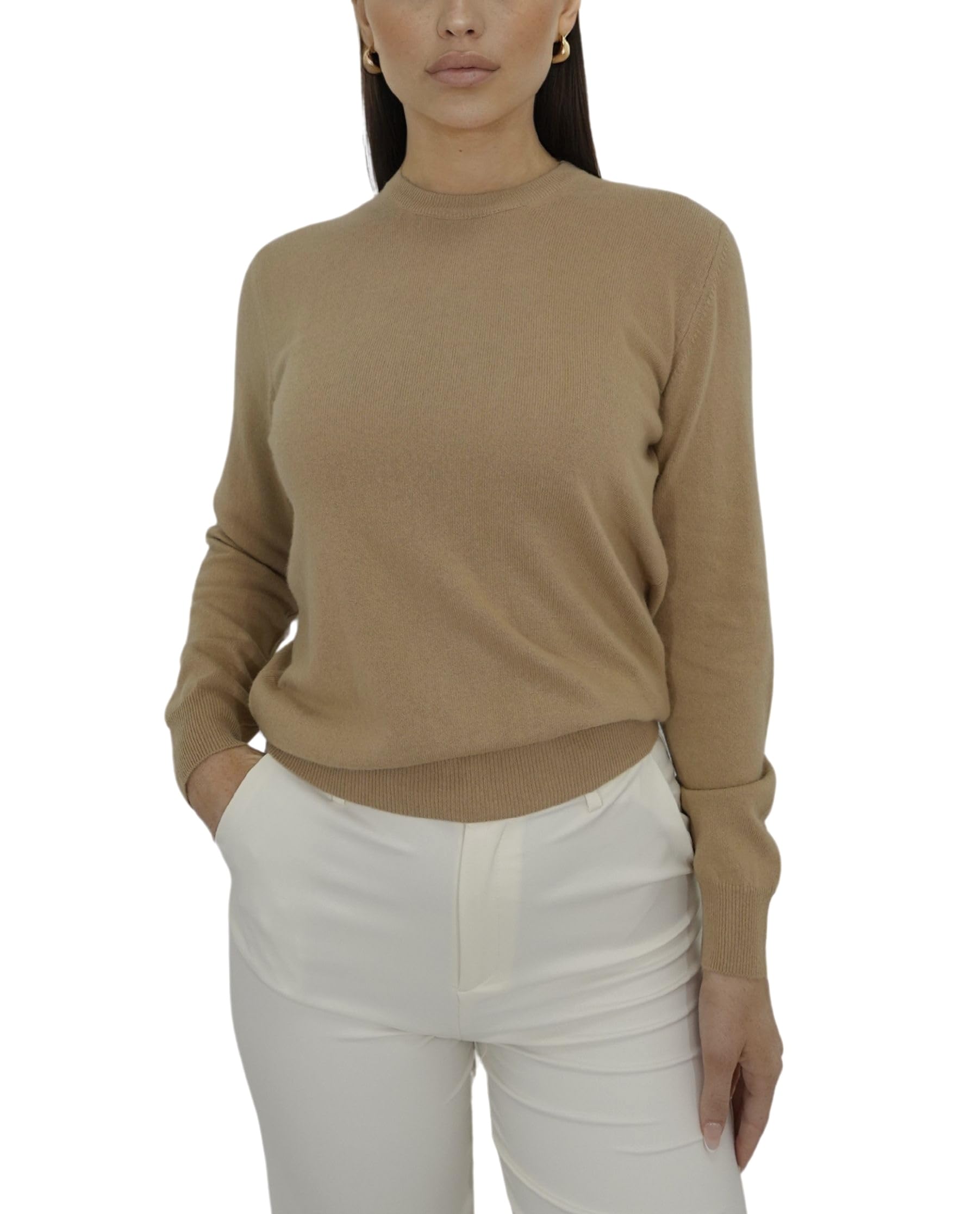 Win's Cashmere Round Neck Sweater for Women, Made in Italy, Camel (5250), L
