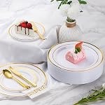 Goodluck 700 Piece Gold Dinnerware Set for 100 Guests, Disposable for Party, Include: 100 Gold Rim Dinner Plates, 100 Dessert Plates, 100 Paper Napkins, 100 Cups, 100 Plastic Silverware Set