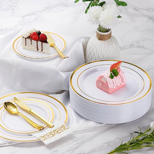 Miniatura 5 de Goodluck 350 Piece Gold Dinnerware Set for 50 Guests, Plastic Plates Disposable for Party, Include 50 Gold Rim Dinner Plates, 50 Dessert Plates, 50