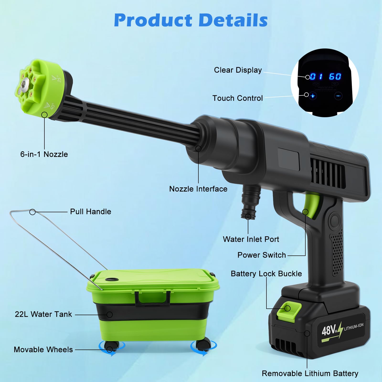 Akku Hochdruckreiniger,Mobiler Hochdruckreiniger mit 4.0Ah Batterie, Pressure Washer 10-Gang-Modus,Akku-Druckreiniger für Mobile Reinigung,für Auto, Terrasse, Hausreinigung