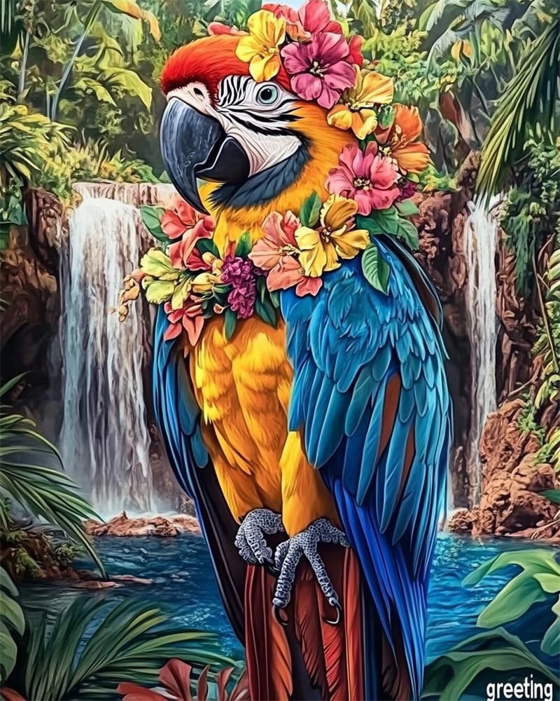 Henypt 11Ct Pre Printed Cross Stitch Kits Parrot Wearing A Flower Wreath with for Adults Beginners, DIY Stamped Advanced Embroidery Sewing Starter Kit Needlework Set