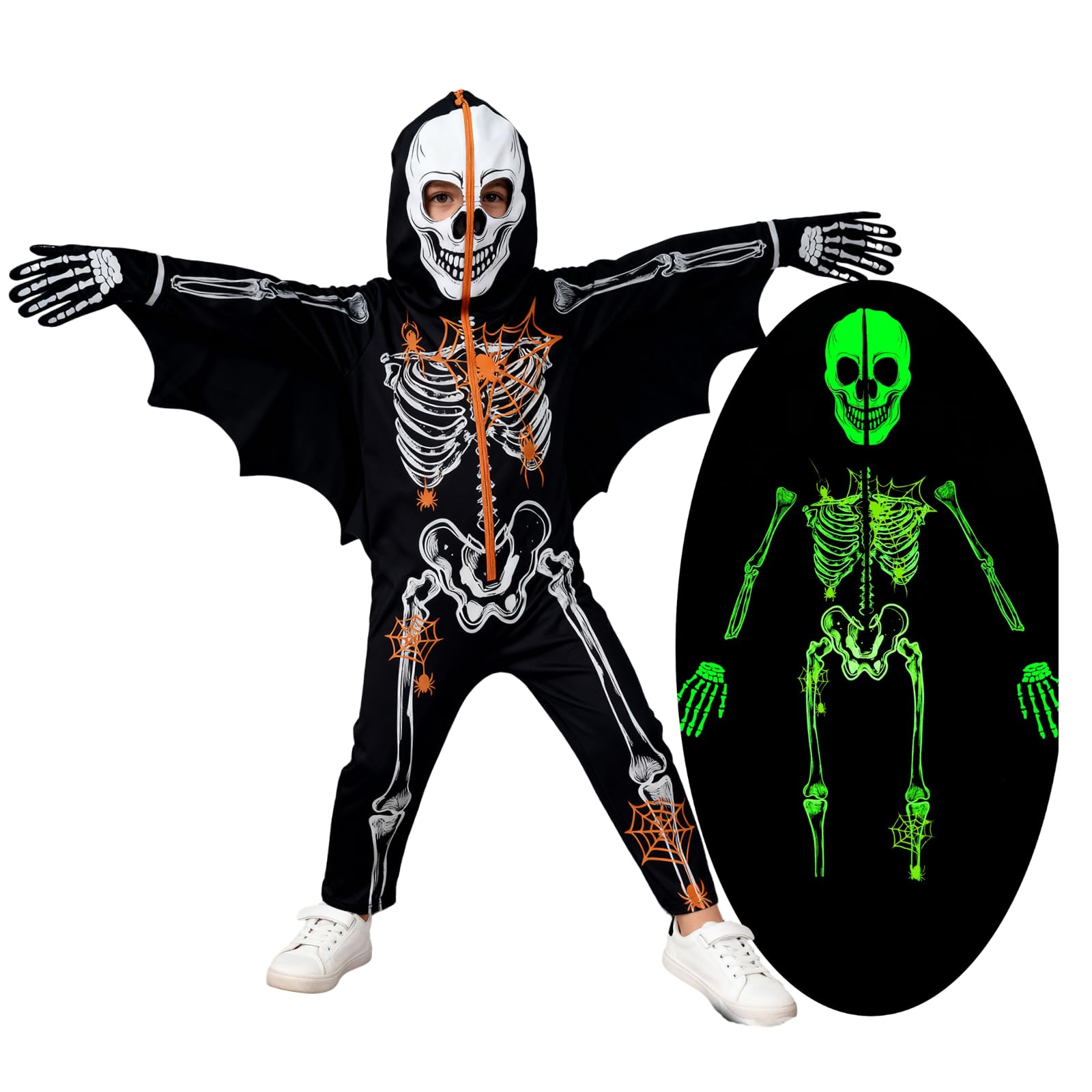 Miyanuby Kids Halloween Skeleton Fancy Dress Toddler Glow in The Dark Luminous Costume Skull Bone Bat Jumpsuit Boys Girls Scary Cosplay Bodysuit with Gloves for 3-10T