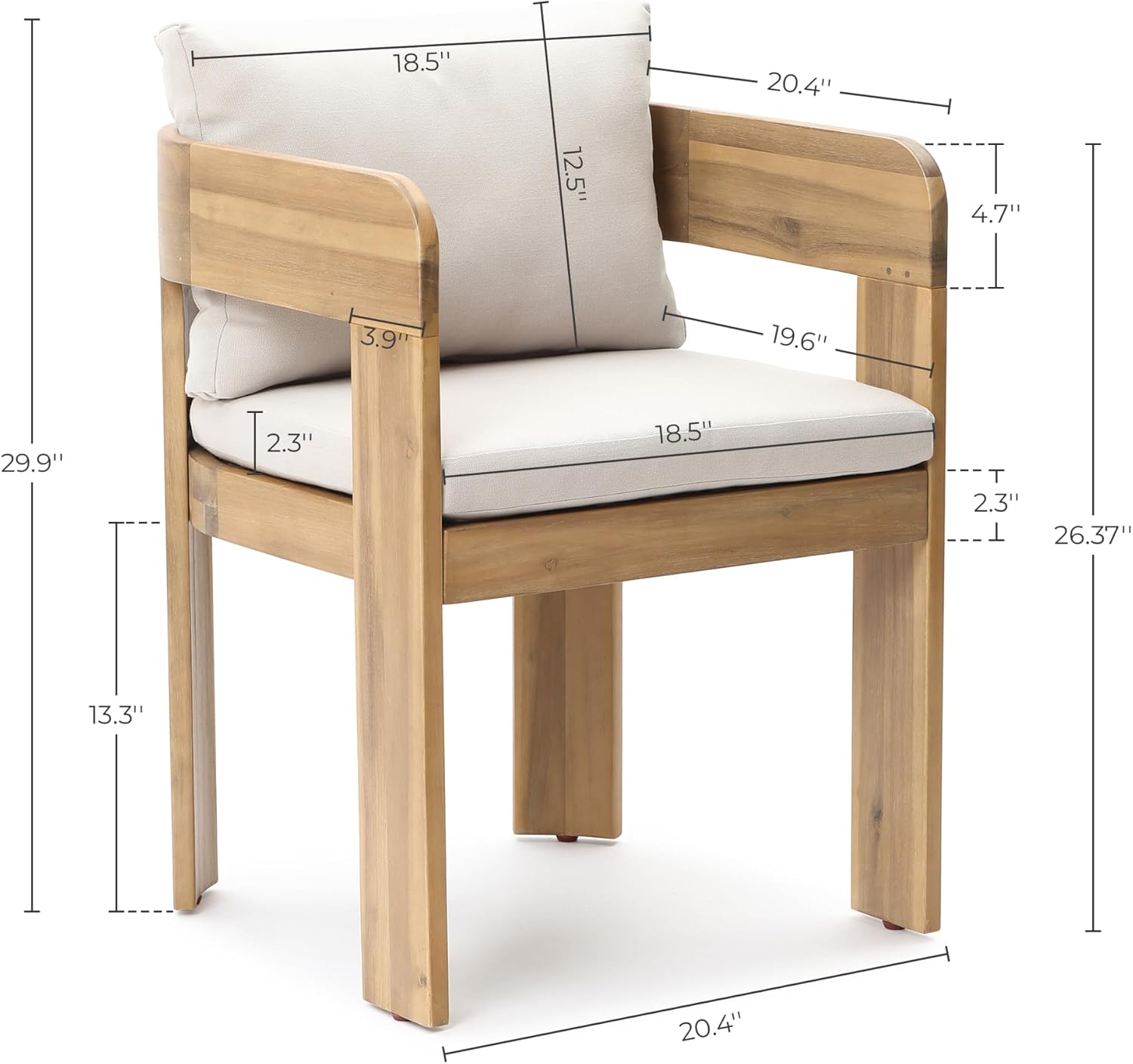 LuxenHome Set of 2 Outdoor Patio Chairs, Acacia Wood Accent Chairs with Cushions and Arms, Mid Century Modern Outdoor Dining Chairs for Porch, Balcony, and Garden