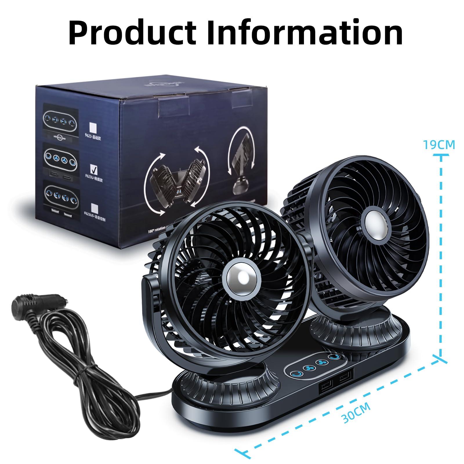 Ventola per auto a doppia testa, 12 V, 24 V, universale, oscillante a 270°, per veicoli, con 2 porte di ricarica USB, rotazione a 360° che soffiano aria fredda per camion SUV