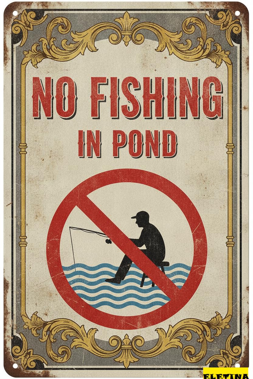 No Fishing In Pond Caution Tin Sign, 8x12 Inch Decor