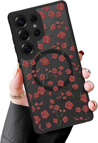 MZELQ Magnetic Case for Samsung Galaxy S25 Ultra, Red Plum Bossom Floral