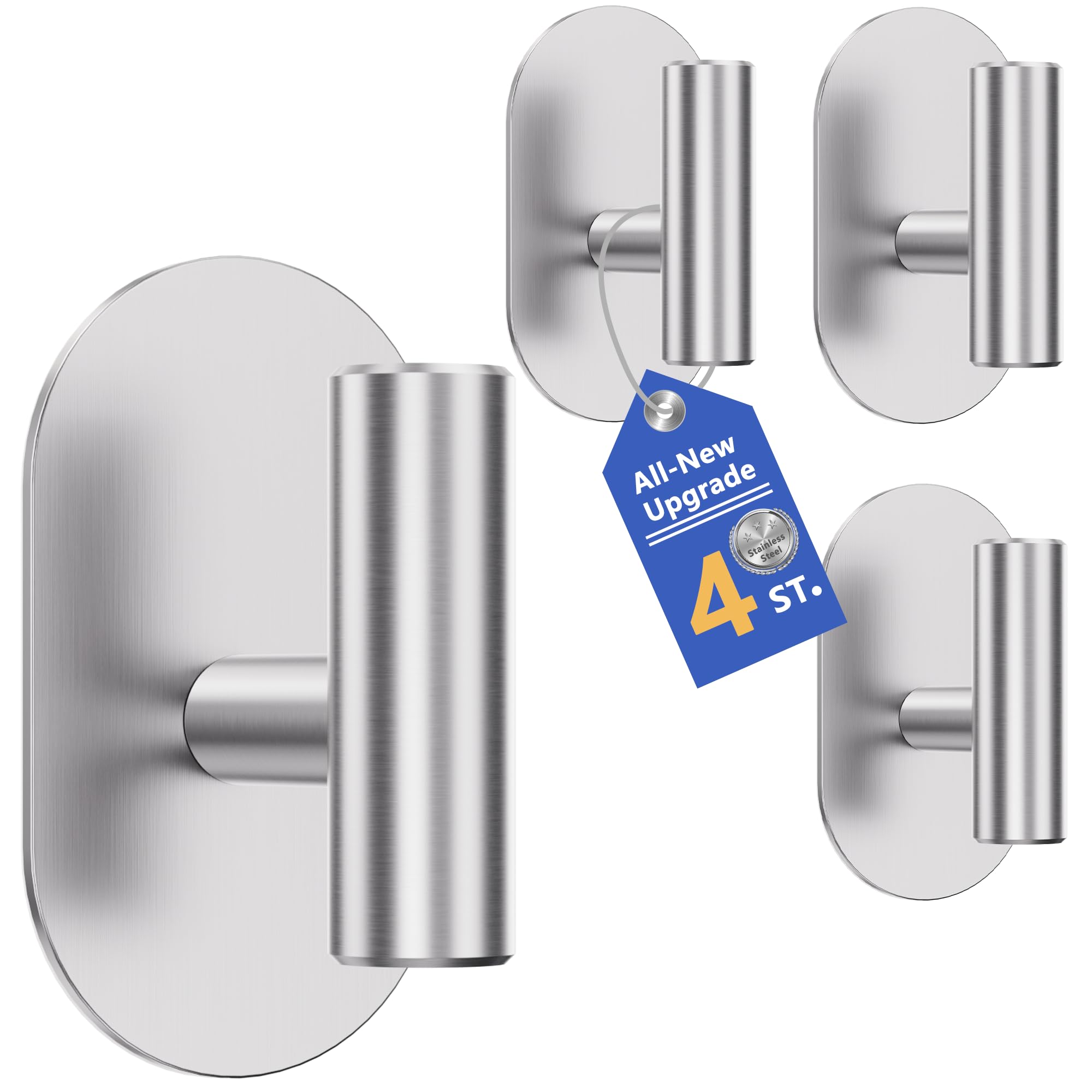 Aikzik 4 Pack Large Self Adhesive Hooks, Stainless Steel Sticky Hook Heavy Duty, Over 12kg Load - Strong Hooks for Hanging for Towel, Coat, Robe, Stick on Bathroom, Kitchen, Door and Wall