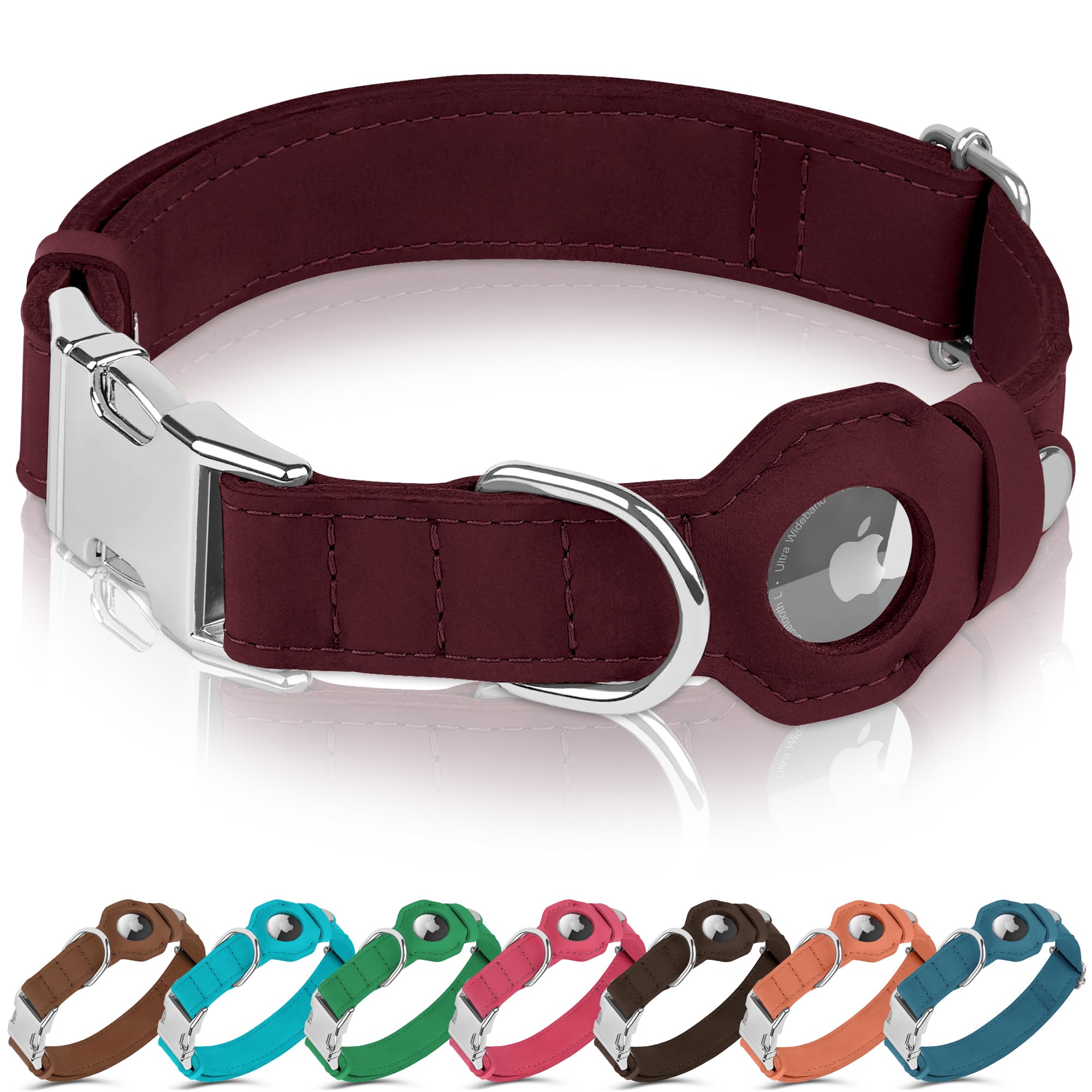 BUDKAS Leather Dog Collar with Airtag Holder - Soft Adjustable Airtag Dog Collar with Metal Buckle - GPS Tracking Pet Collar for Small Large Dogs Puppies Cats (Burgundy, S, 12"-15" Neck Fit)