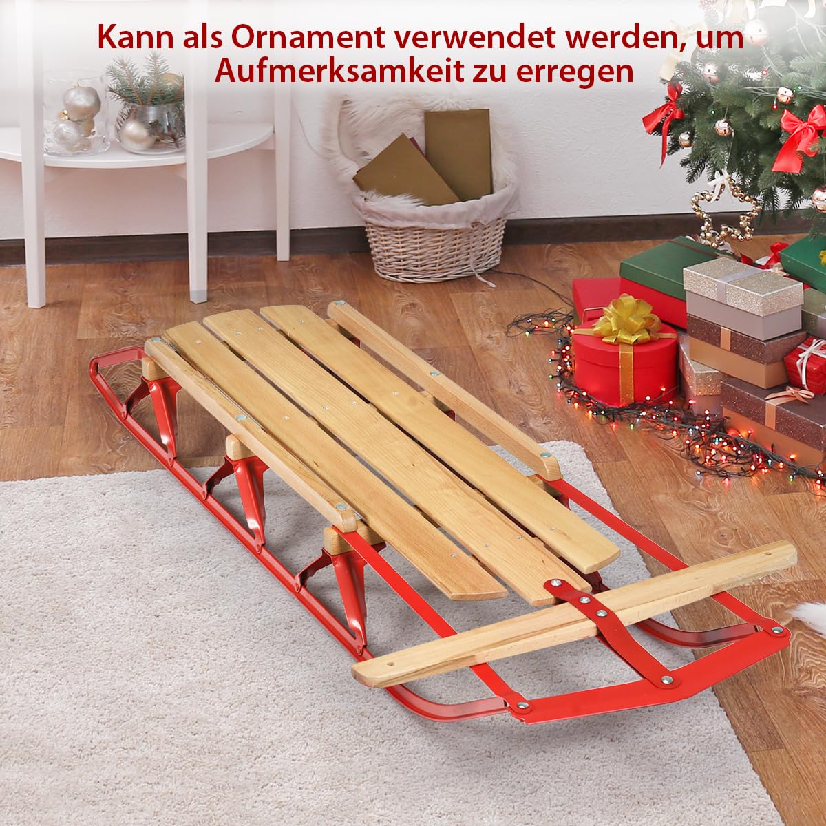 COSTWAY Davoser sanki drewniane, 137 cm, drewno i metal, sanki dziecięce, obciążenie 150 kg, dla dzieci i dorosłych, czerwone i naturalne