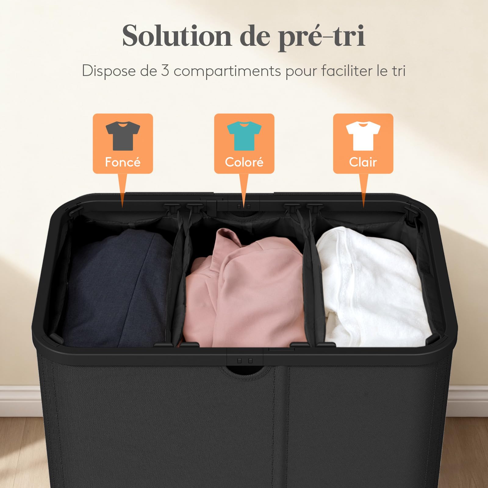 Lifewit Panier à linge Sale avec Couvercle, Grande Corbeille Linge Pliable 3 Compartiments avec Sacs Amovibles, Laundry Basket pour Chambre, Salle de Bain, Dortoir et Buanderie, 150L, Noir