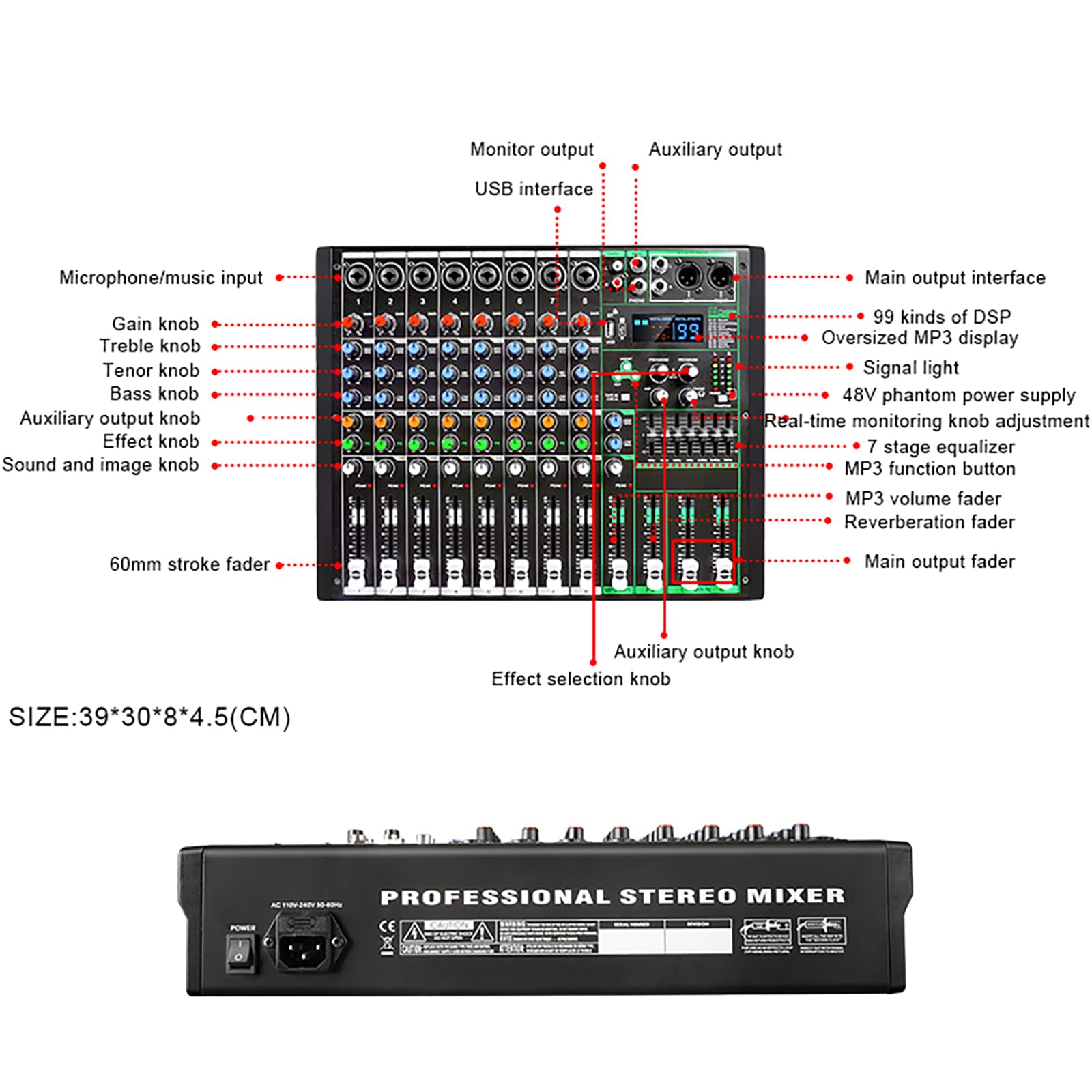 Yamnweo MIX-8 DJ Controller Mixer, DJ Audio Mixer 8-Channel Input with 99-bit DPS and 7-segment Equalizer Chip Bluetooth USB Recording and MP3 Playback for Stage, Bar, Studio