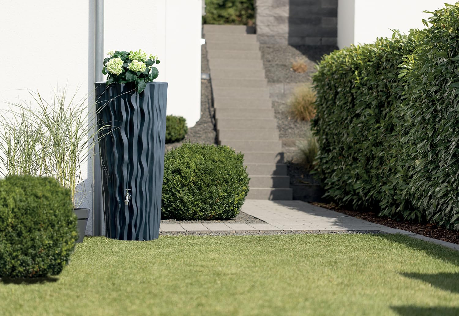 YourCasa AquaDesign Flower - Depósito de lluvia (160 L, con rosca de metal y maceta), color gris antracita