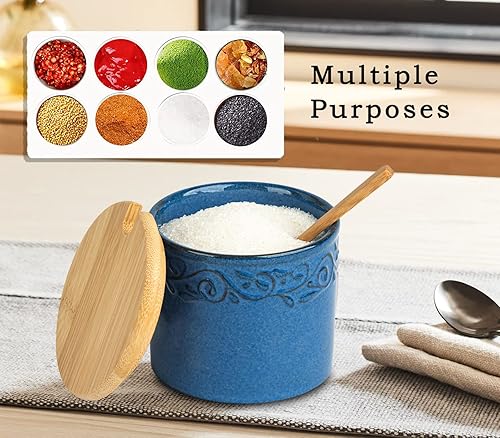 Miniatura 3 de Azucarero con tapa y cuchara Tarro de azúcar de cerámica Contenedor de cubo de azúcar azul Tarro de azúcar con cuchara Contenedor de azúcar con