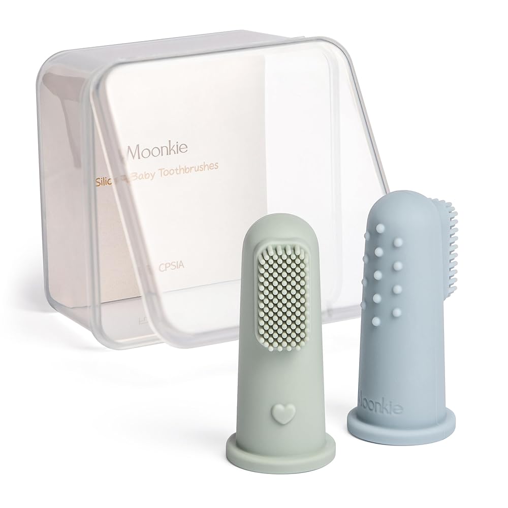 Moonkie Baby Toothbrush Finger Toothbrush Oral Cleaner Kit for 3 Months +, 2 Pcs Small (Cloud/Mint)