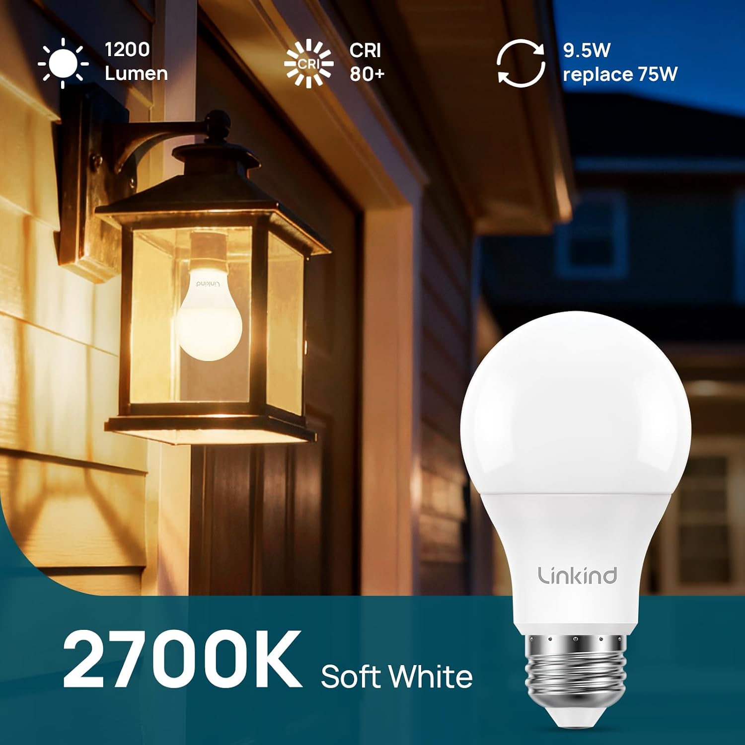 Linkind Dusk to Dawn Light Bulbs Outdoor, A19 Sensor Led Bulbs Automatic On/Off, 9.5W led Light Bulbs, 75 Watt Equivalent, 1200 Lumen, E26 Base, ETL&FCC Listed, 2700K Soft White, 6 Pack