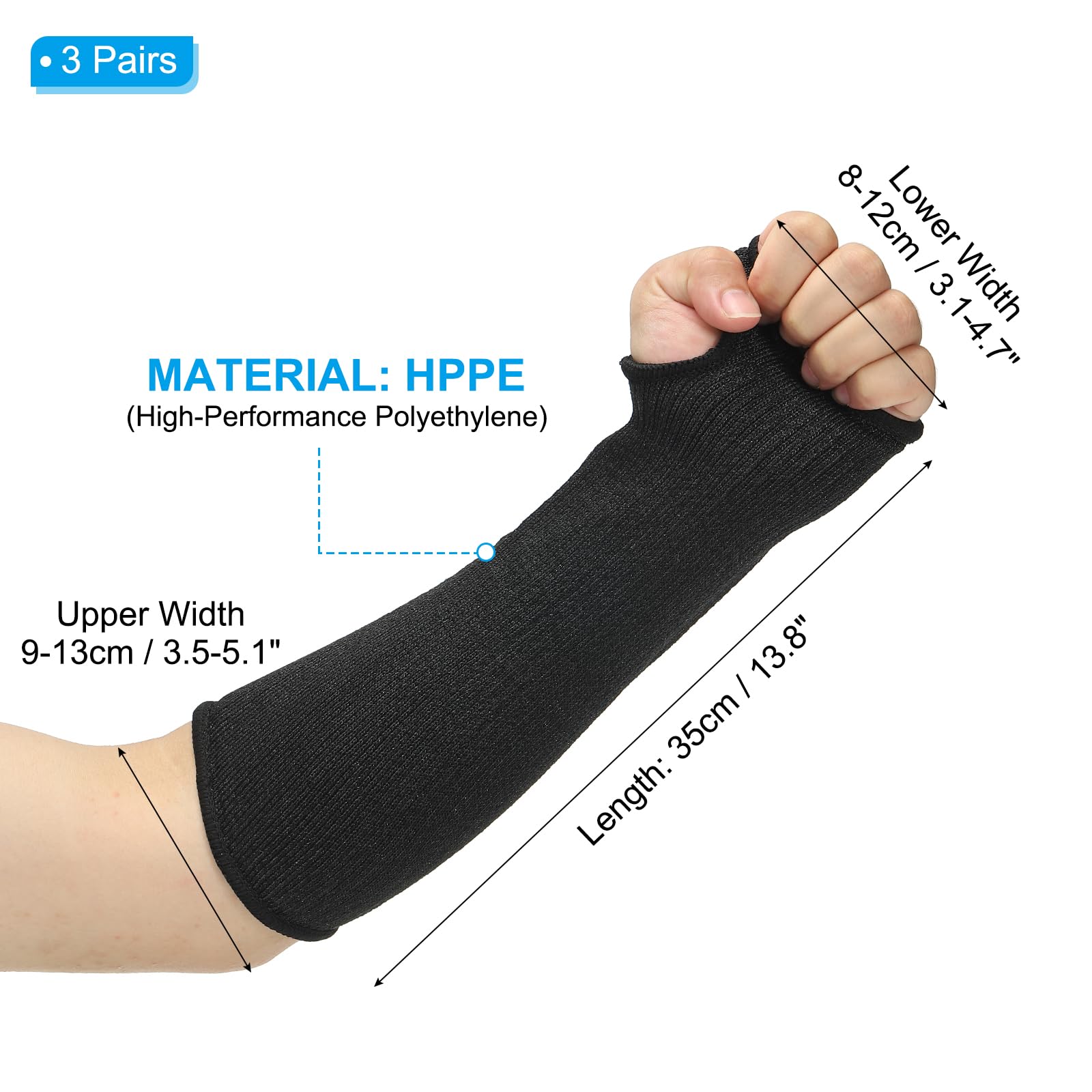 PATIKIL 14 Inch Cut Resistant Sleeve, 3 Pairs Arm Safety Protectors Sleeves with Thumb Hole Level 5 Protection Forearm Guard Sleeves for Thin Skin and Bruising, M, Black - Image 2