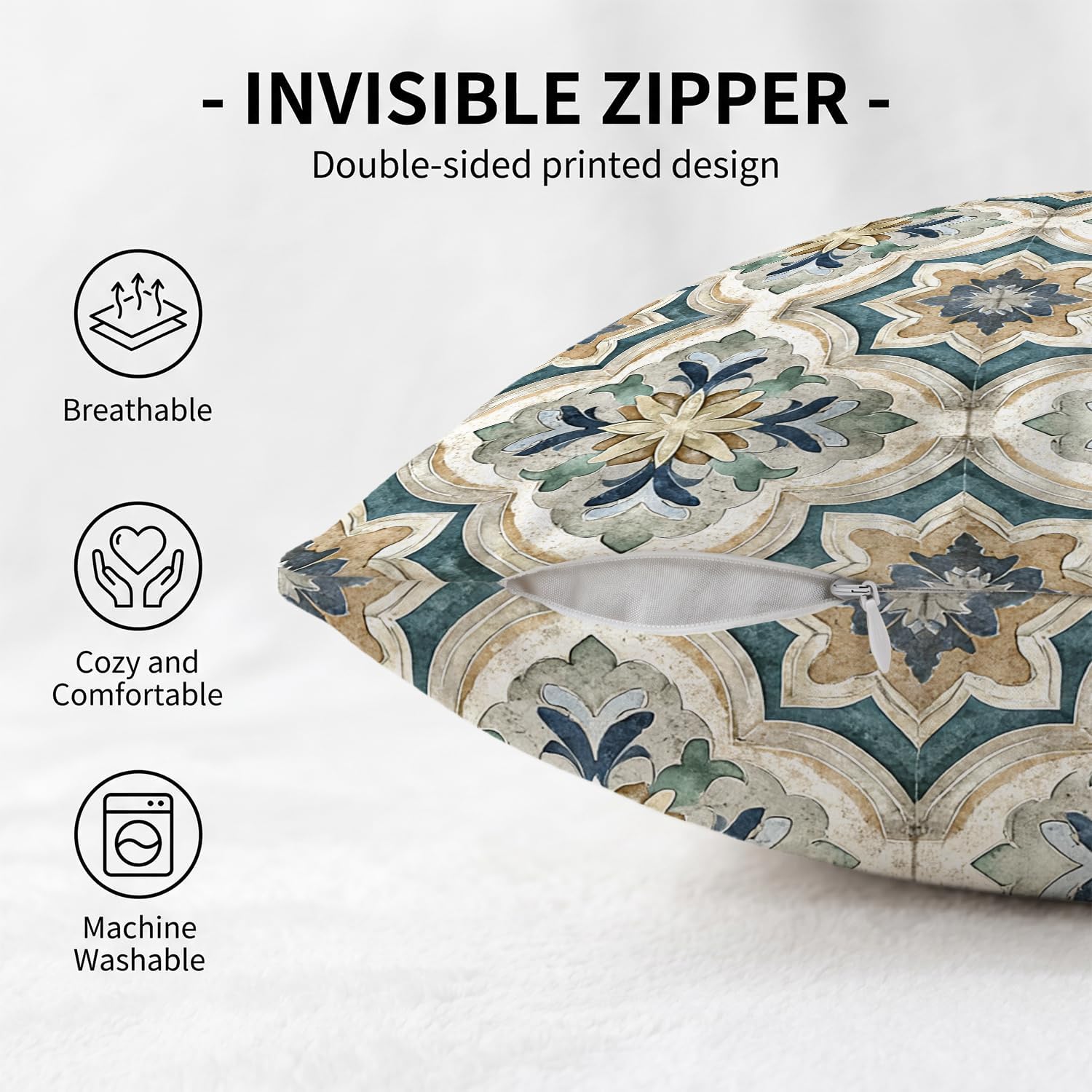 YOU FOUND ME Boho Throw Pillow Covers 18x18 Inch, Vintage Bohemian Carpet Print Pillowcase, Soft Decorative Cushion Cover for Couch Sofa Bedroom Living Room Decor (Blue) image 3