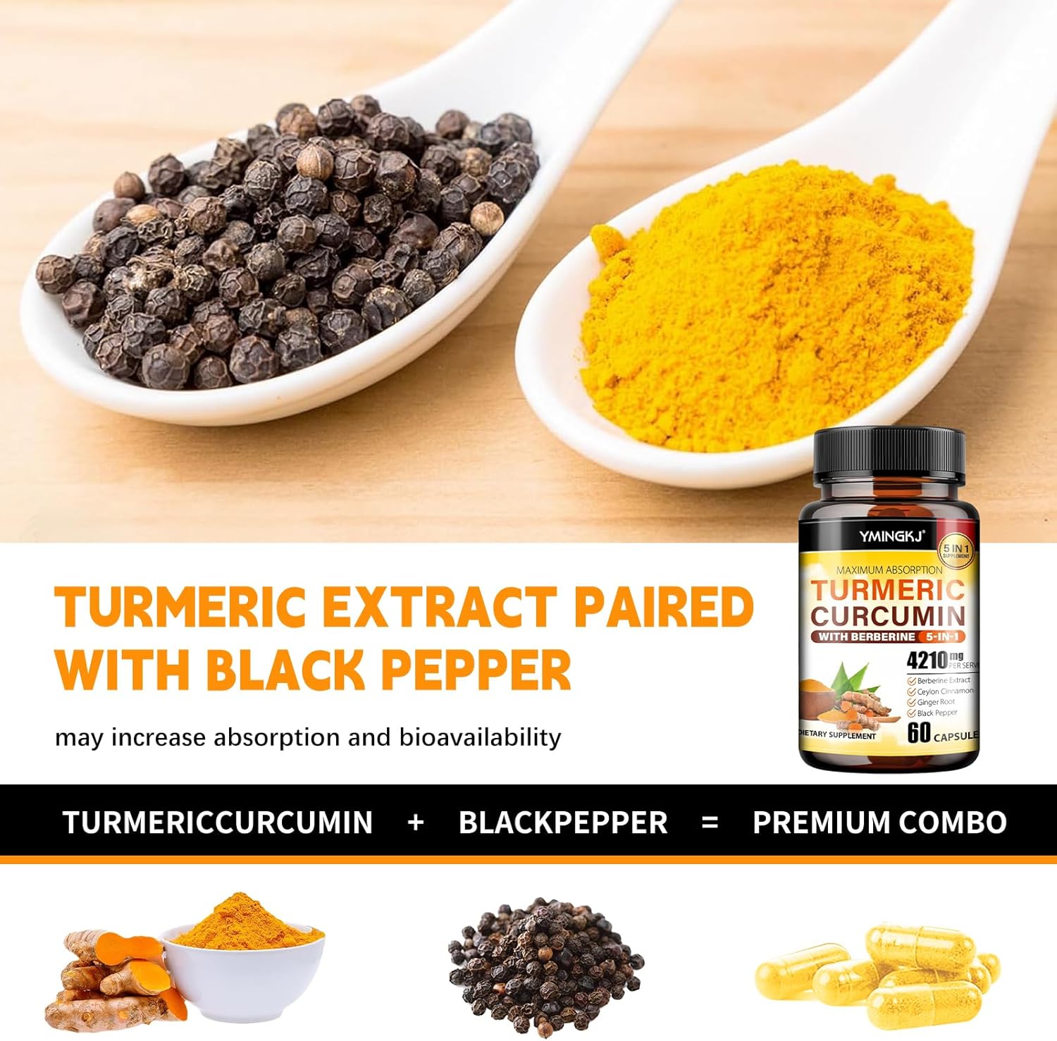 Turmeric Curcumin Supplement with Black Pepper & Bioactive Botanicals, Turmeric,Ginger,Berberine,Ceylon Cinnamon, – Premium Supplement for Daily Wellness Support 60 Capsules 3 Pack
