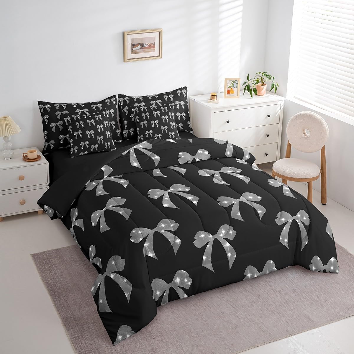 Feelyou Kids Black Grey Bow Comforter Set with Sheets,Kawaii Cute Bowknot 7 Piece Bedding Set Twin Size,Girly Bow Bed in a Bag,Dreamy Princess Bow Bed Set for Boys Girls Bedroom Room Decor - Image 2
