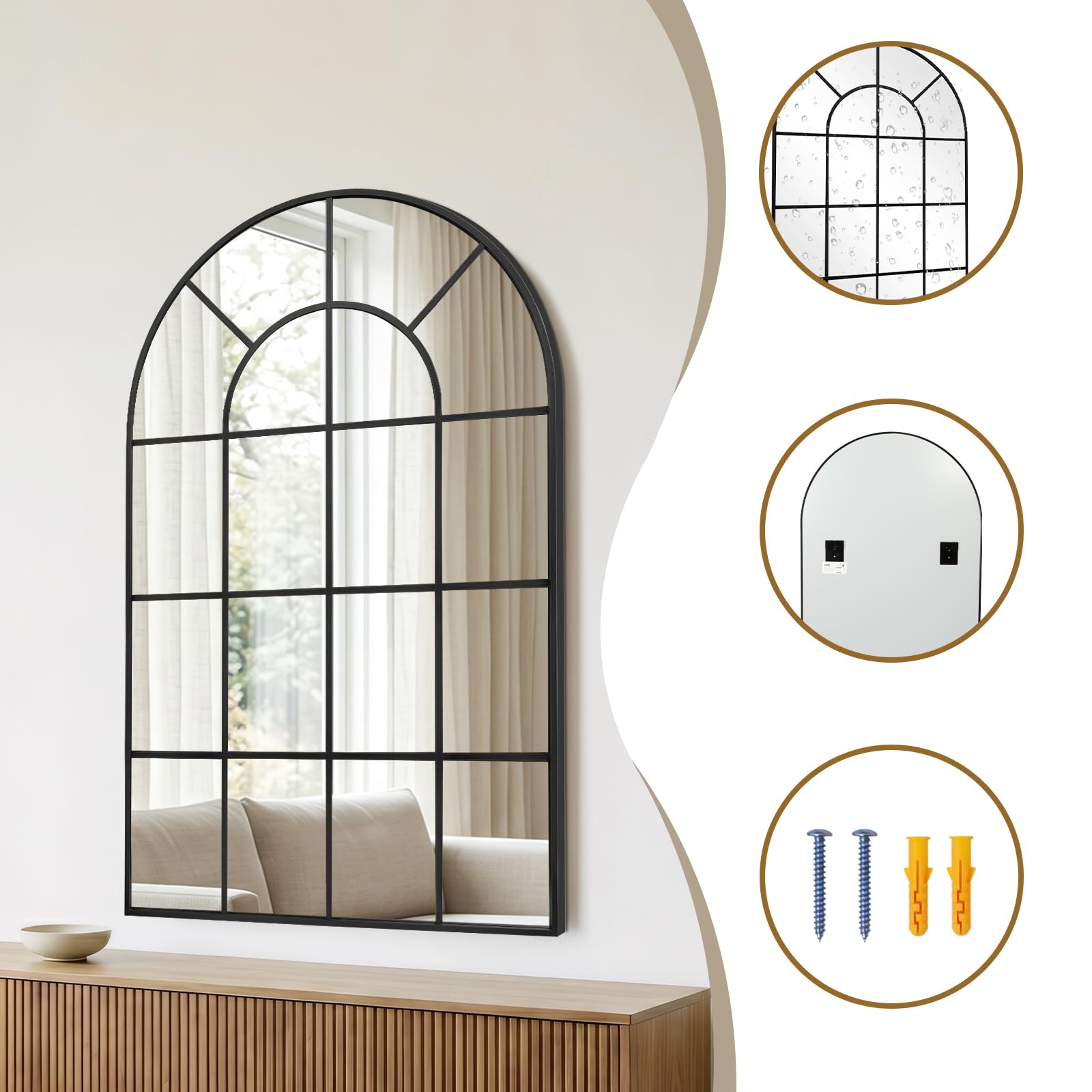 Reflix Specchio da giardino, 100 x 75 cm, specchio da parete decorativo, specchio per finestra con telaio in alluminio, per corridoio, soggiorno, camera da letto, ingresso, nero