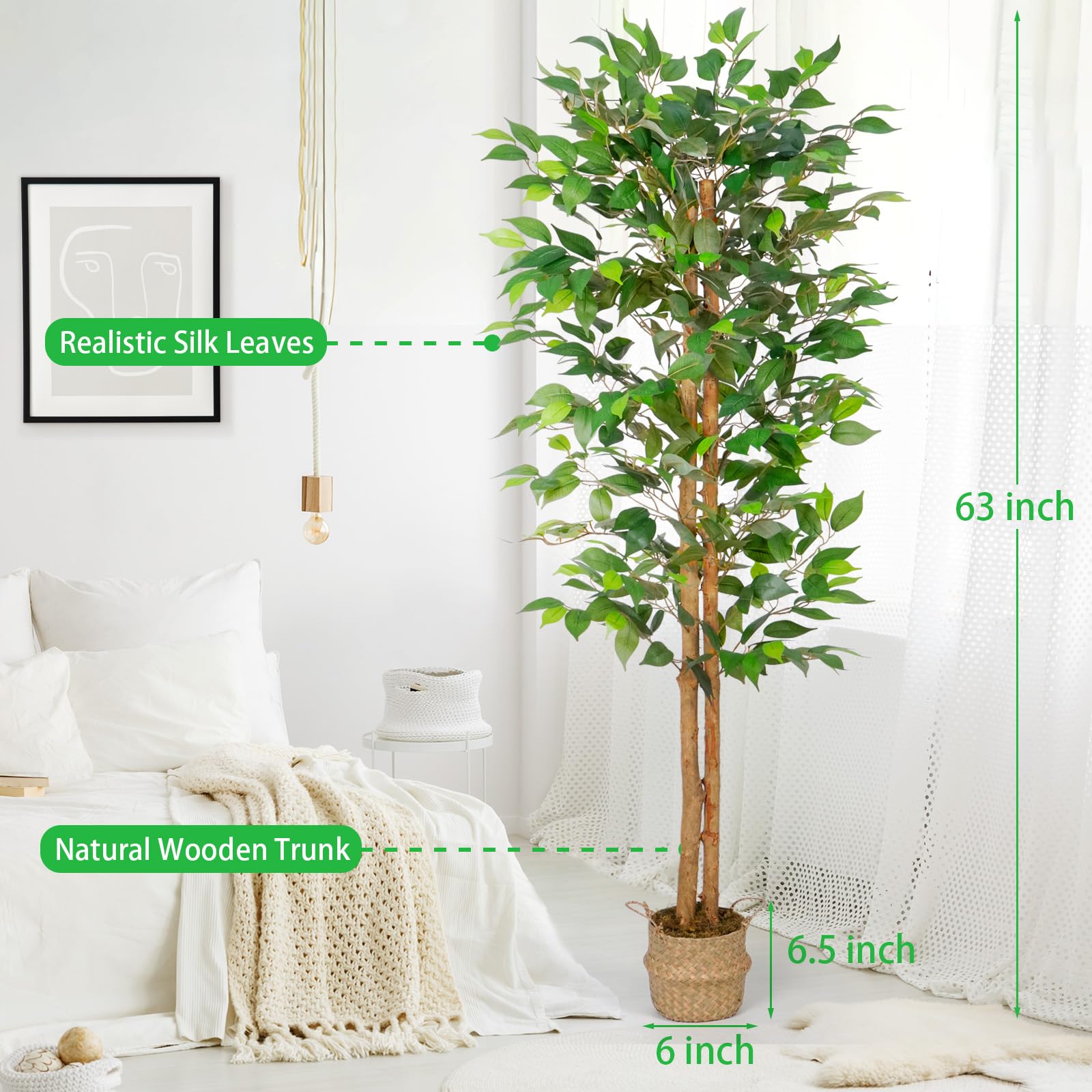 Artificial Ficus Tree with Realistic Leaves and Natural Trunk, Faux Ficus Tree with Sturdy Plastic Nursery Pot, Fake Ficus Tree for Office Home Farmhouse for Indoor Outdoor Decor,6-Feet, Green
