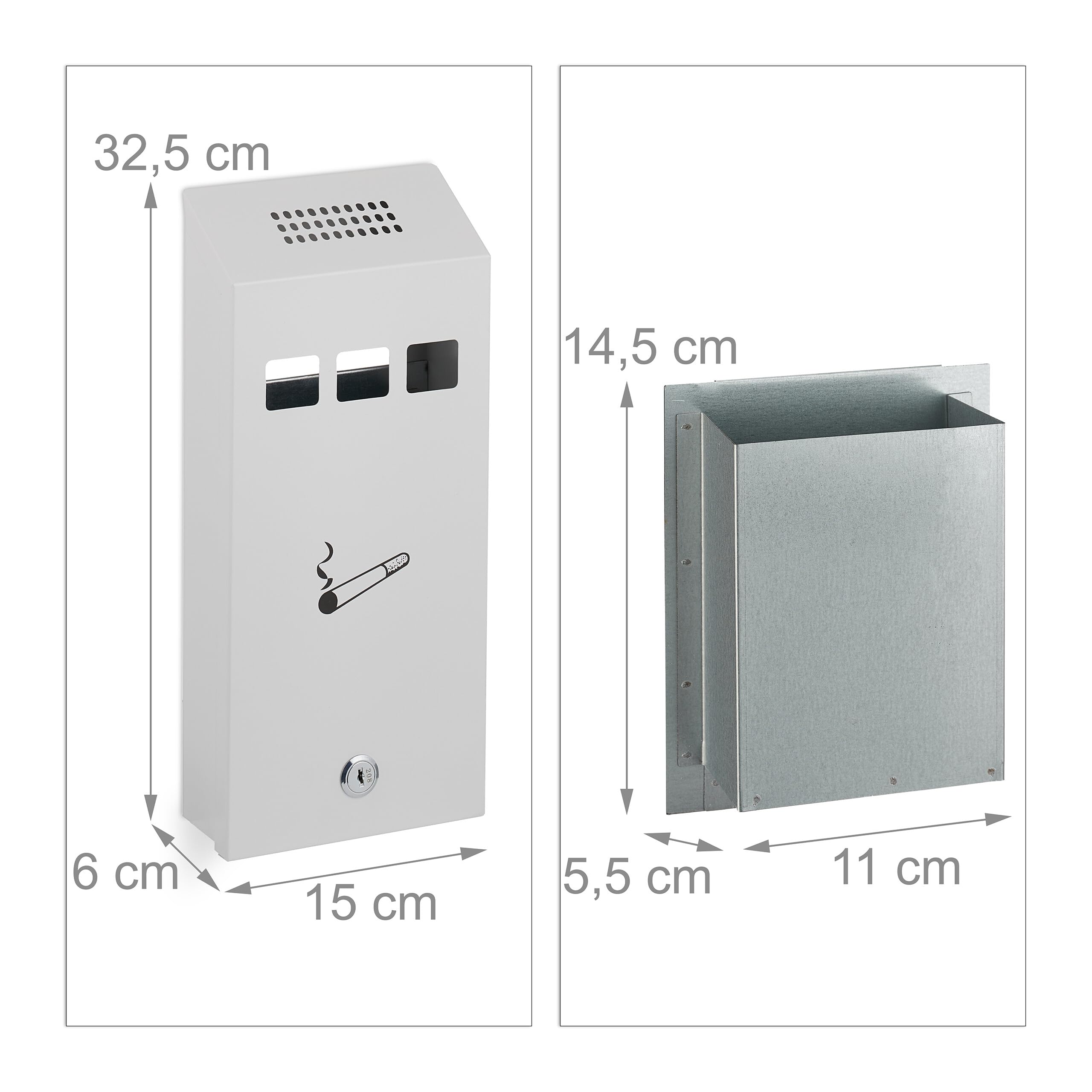 Relaxdays Posacenere da Muro per Esterno con Chiave, Contenitore Rimovibile, 32,5 cm, Bianco