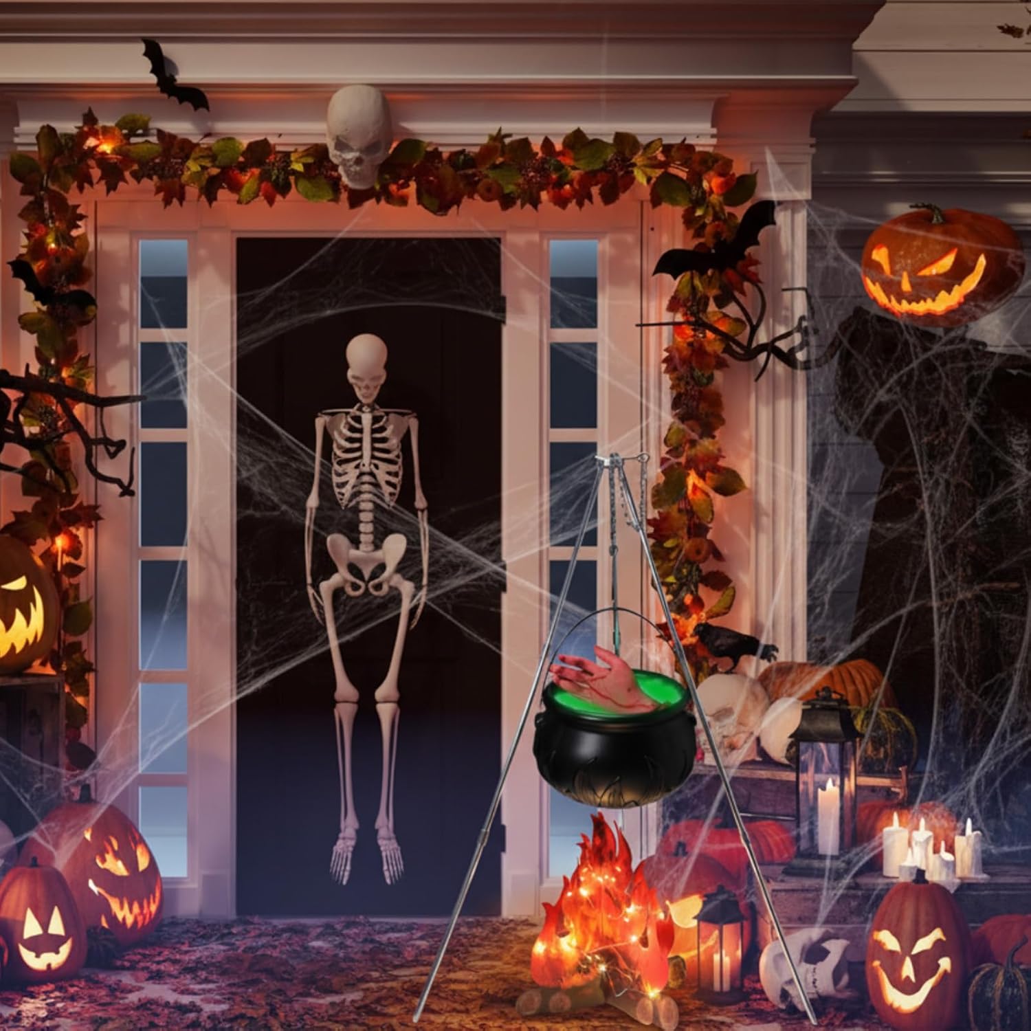 9 Pcs Large Witches Cauldron Halloween Decor Set Cauldron on Tripod with Spider Webs Fake Fire String Lights Fake Hand for Halloween Indoor and Outdoor Party Supplies