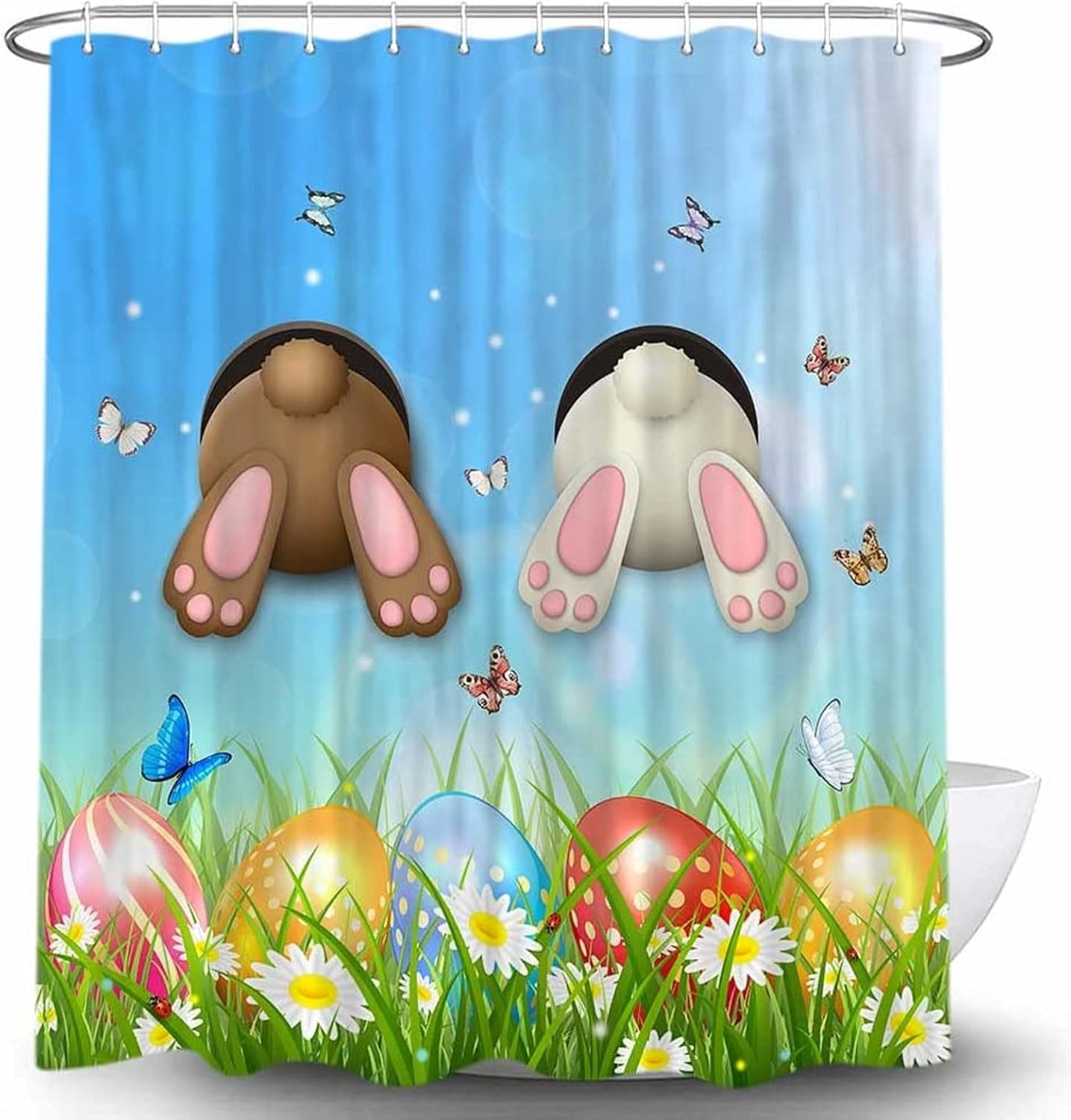 Spring Easter Shower Curtain for Bathroom Set Funny Bunny Rabbit Eggs