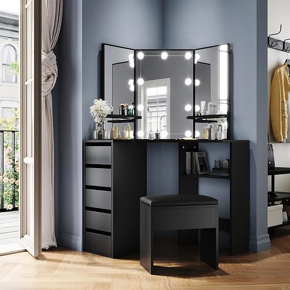 Corner Dressing Table Set with 3 Angle Mirrors and LED Lights, Vanity Table with Adjustable Brightness, White Corner Desk with Stool, Makeup Desk with Drawers, 78.5x78.5x141.5cm