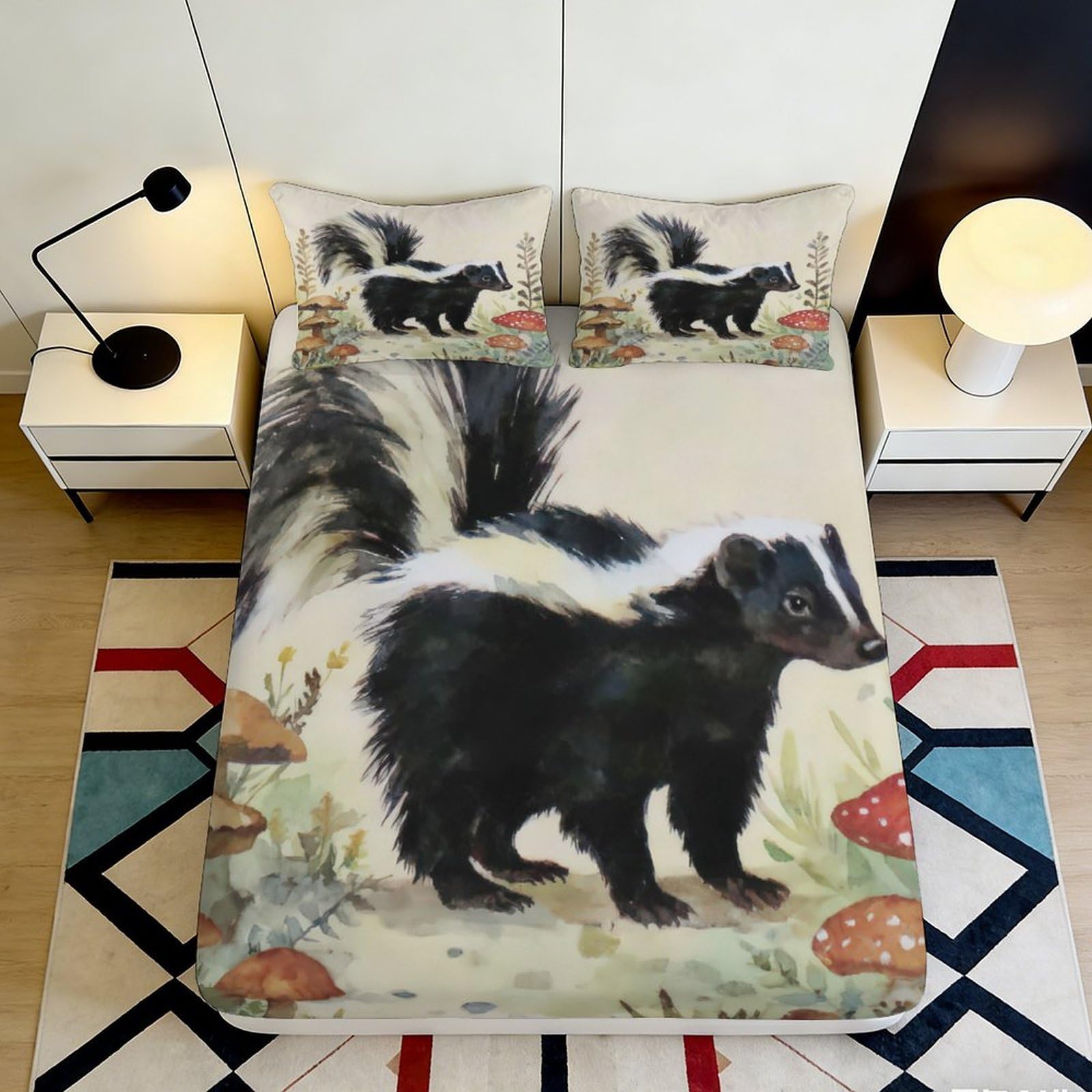 3D Printed Skunk Forest Fitted Sheet Microfiber Non-slip Bed Cover for Bedroom Dorm Easy Care Decor 115 120x200x25cm