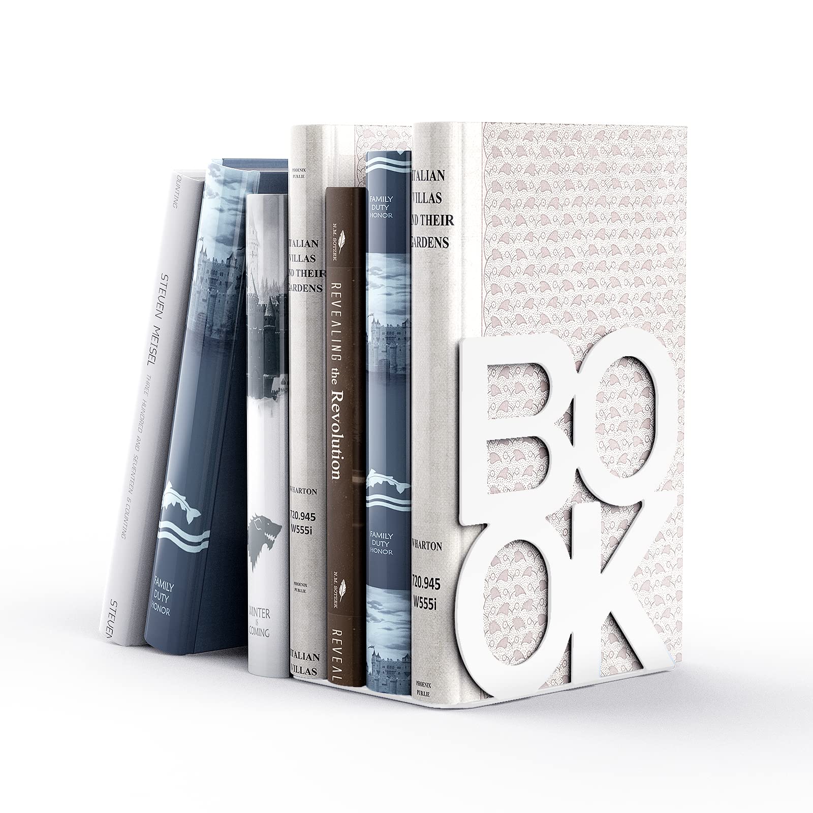 shikaman Decorative Metal Book Ends Supports for Bookrack Desk, Books, Unique Appearance Design, Heavy Duty (White)