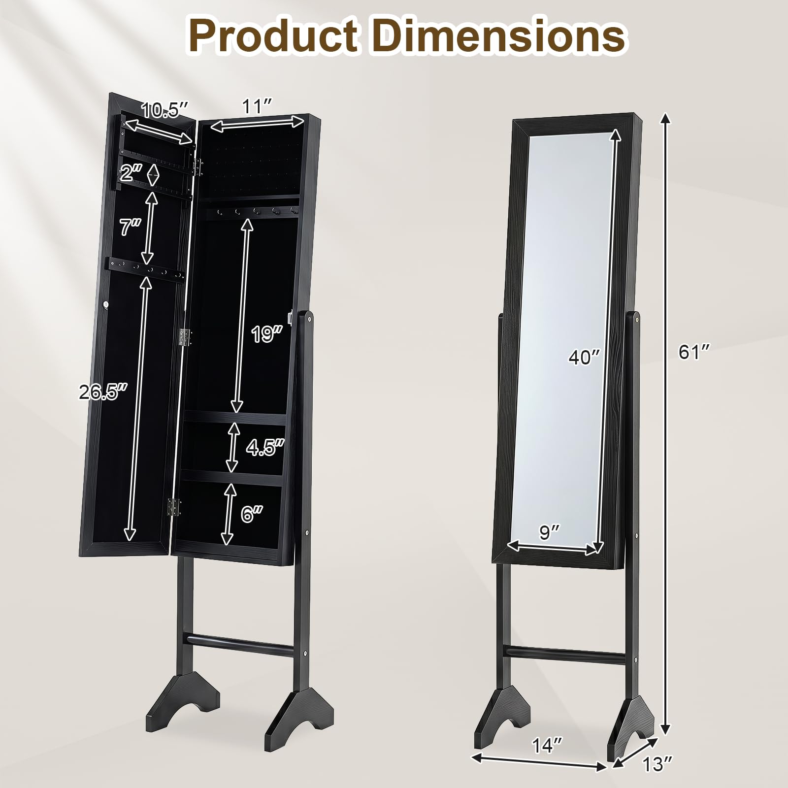 Giantex Jewelry Armoire with Full Length Mirror Freestanding Jewelry Organizer Cabinet with Ring Slots Earring Holders Necklace Hooks & Storage Shelves for Bedroom Black product thumbnail 8
