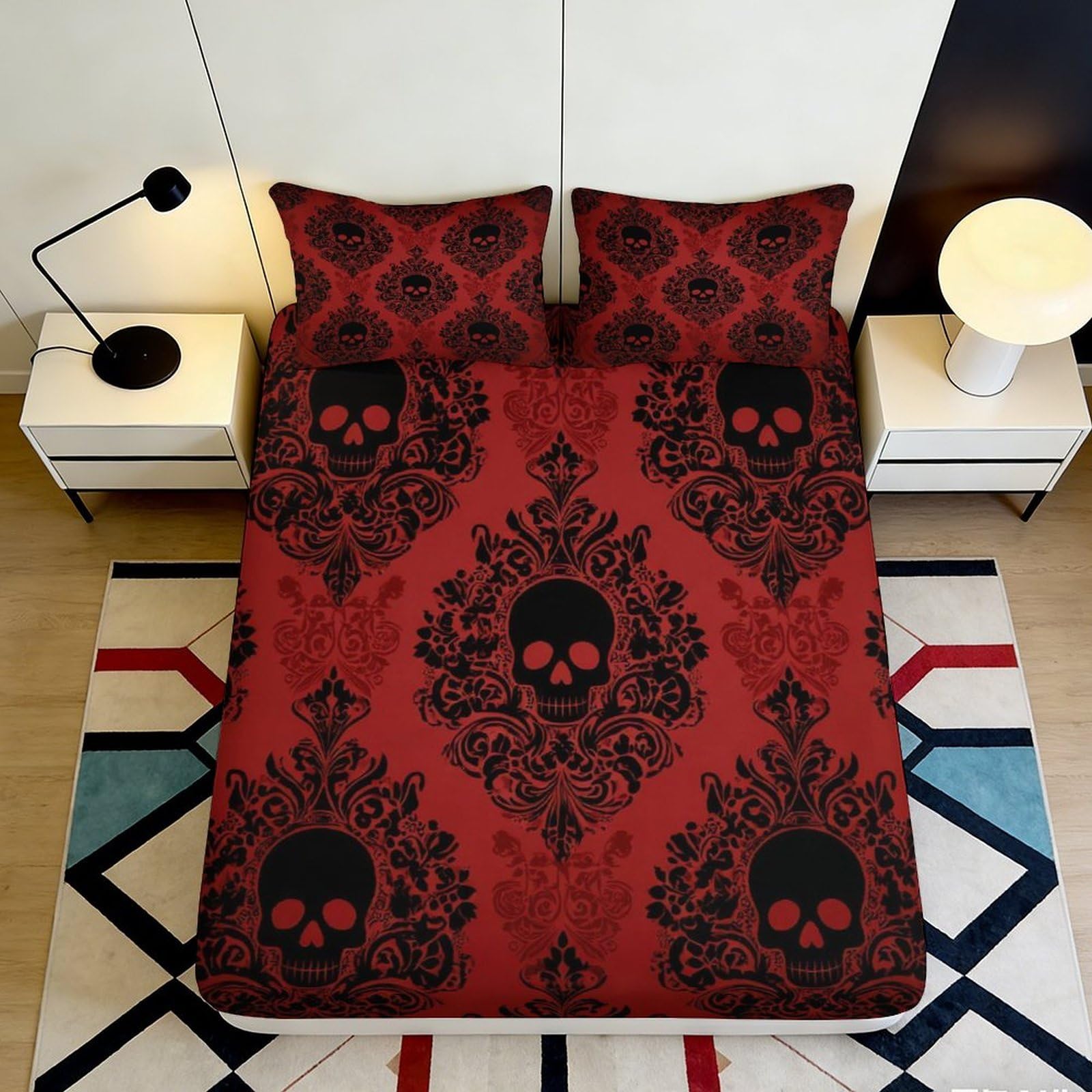 Pnayamiorkfel Style-3 3D Printed Gothic Skull Fitted Sheet Microfiber Red Black Baroque Pattern Bed Cover For Bedroom Guest Room Easy Care 90X200x25cm