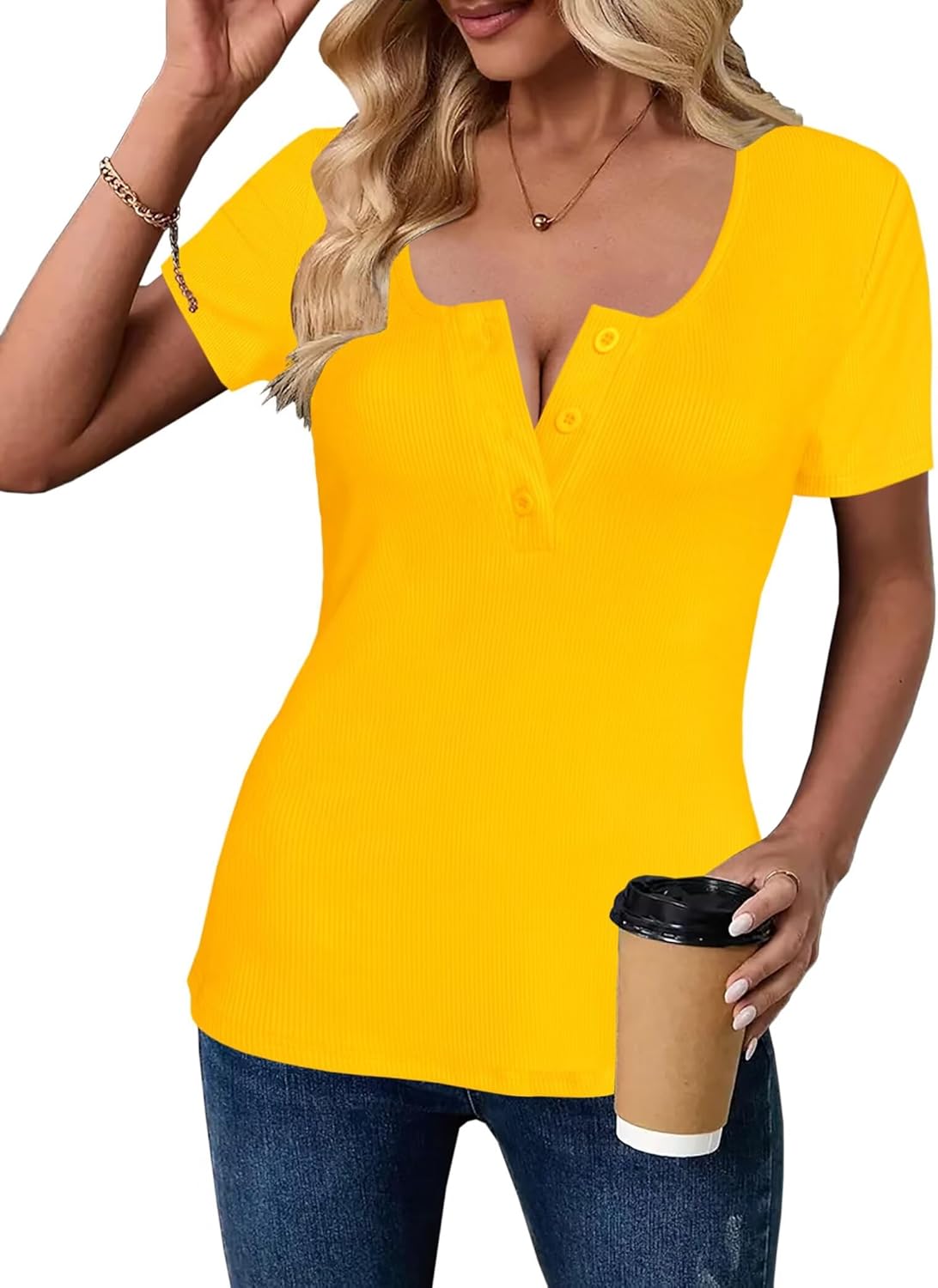 Afibi Women's Short Sleeve V Neck Ribbed Knit Button T Shirts Henley Slim Fit Summer Tops - Image 2