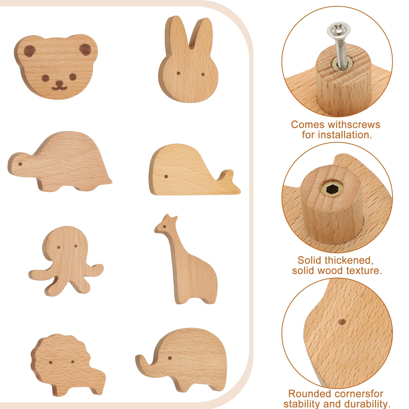 Pomos de Armario Con Forma de Animal Para Habitación Infantil - 8 Tiradores de Madera Para Muebles de Niños