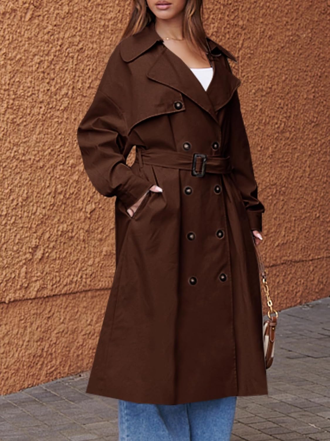 Tankaneo Womens Double Breasted Long Trench Coat Oversized Classic Lapel Belted Overcoat - Image 5