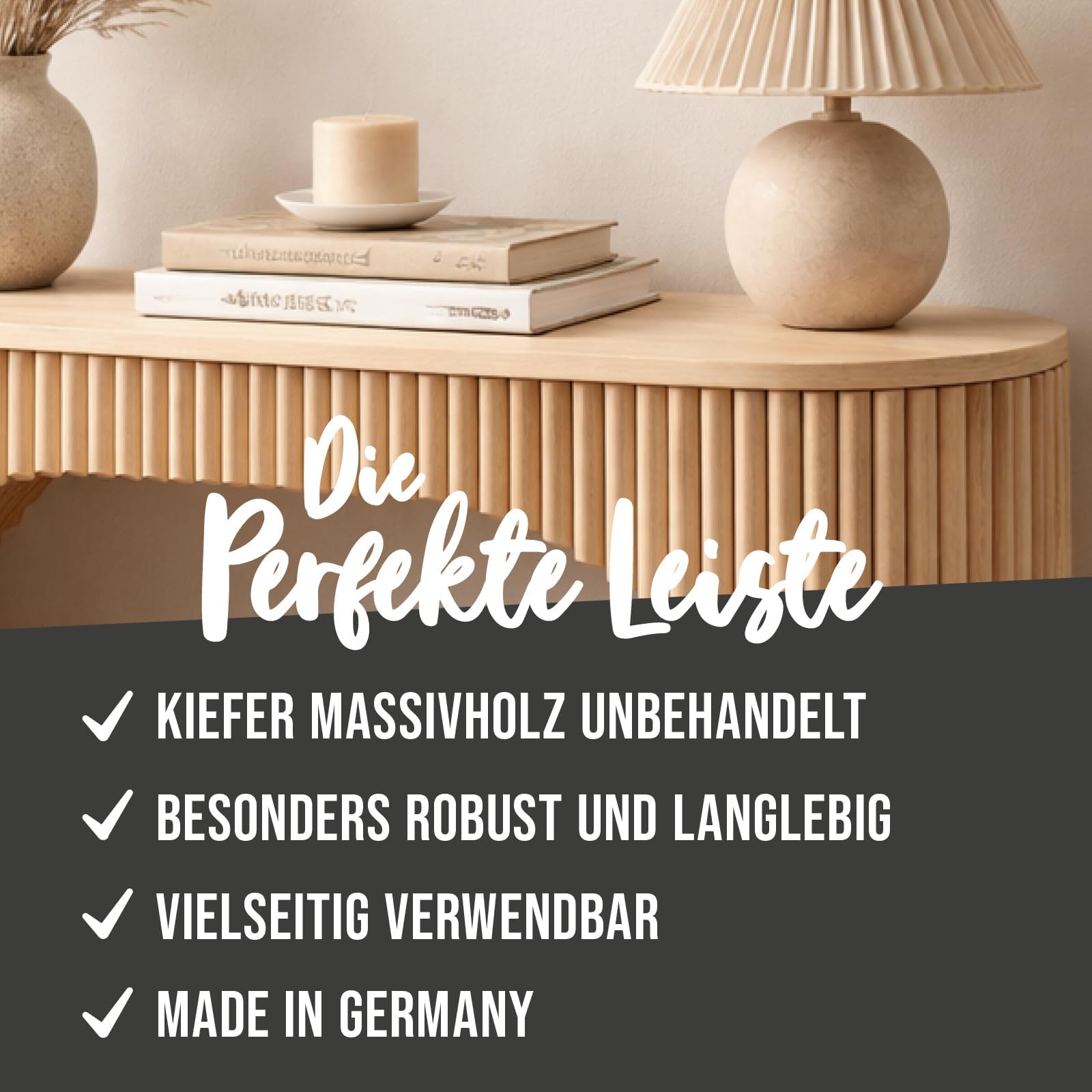 KGM Viertelstab - Massivholz Roh - Kiefer - 2400 x 22 x 22 mm - 10 Stk. | unbehandelt, robuste Bastelleiste, überstreichbar, Eckleiste für Kanten, Ecken & Übergänge, lösemittelfrei, kürzbar