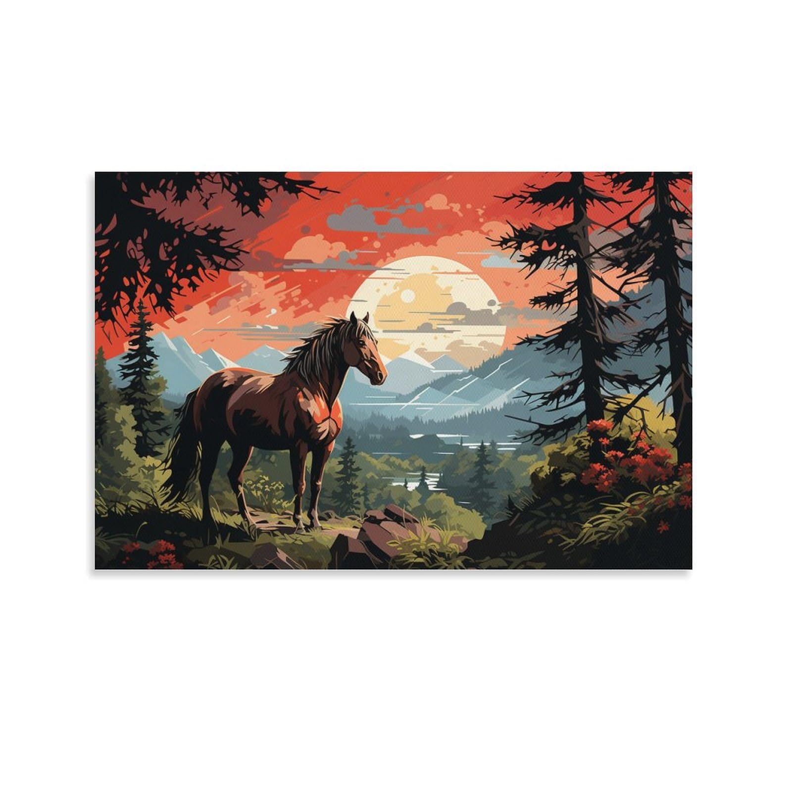 FOCCAR Rustic Horse Canvas Wall Art Watercolour Sunrise Forest Animals Posters Wall Decor Painting Art for Home Room Artwork