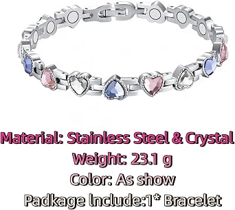 Coloured Crystal Stone Bracelet for Women, Stainless Steel Love Heart Crystal Wirstband Powerful Bangle Tennis Chain Elegant Accessories, Energy Balance Calmi Anxiety Jewellery (21cm)