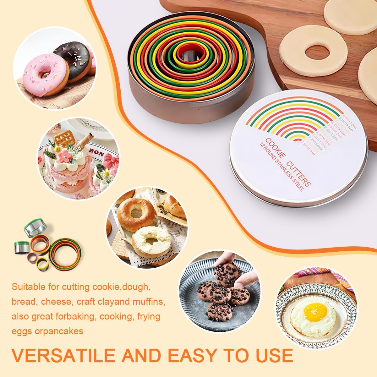 Round Cookie Biscuit Cutter Set,12 PCS Donut Cutter Round Cookie Cutter Set for Baking Doughnut,Clay,Scone,Pastry, Fondant Cutter Molds with Colorful Rubber Protective Case image 4