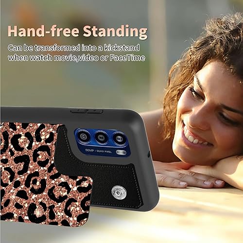 Miniatura 5 de Funda para Moto G Stylus 5G 2022 con ranura para tarjetero, diseño de leopardo con purpurina y función atril, funda magnética para teléfono Moto G