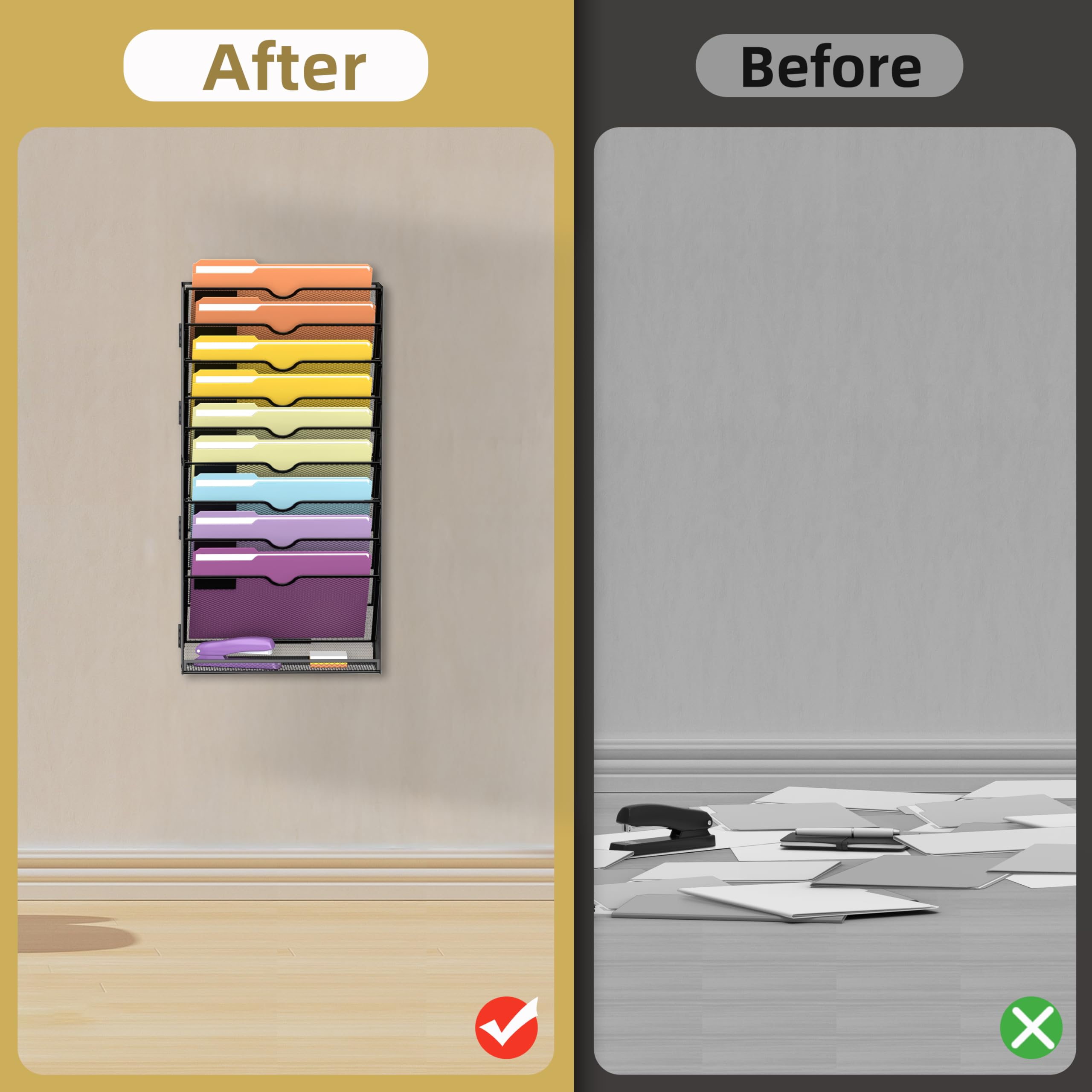 SUPEASY Organizer da parete a 10 ripiani per documenti, cartelle, cartelle, appunti e riviste, ideale per ufficio e casa, nero