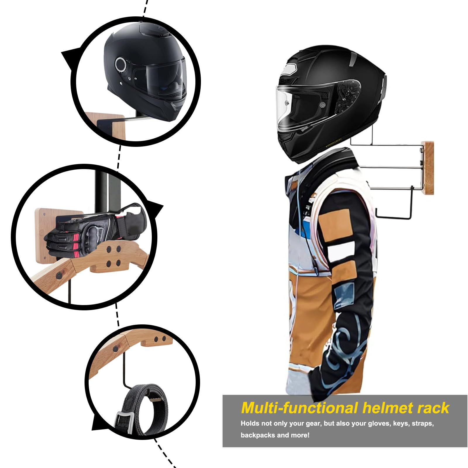 Porta Casco Moto da Parete,Porta Casco Moto in Legno e Metallo Struttura di Ancoraggio a Parete per Motociclette, Calcio, Sci e Tattico(con viti di espansione)