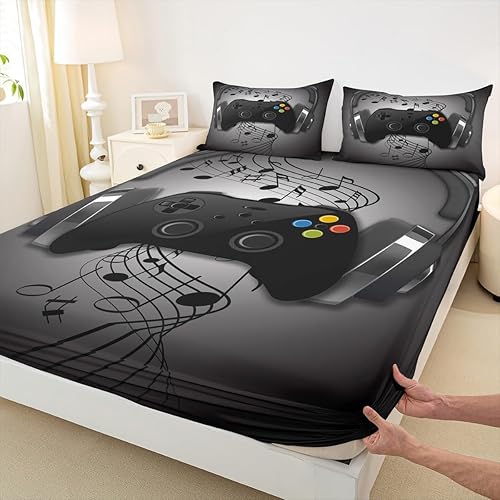 Miniatura 6 de Juego de sábanas para gamer, diseño de notas musicales color negro y gris, con auriculares para niños, decoración de sala de videojuegos, sábana