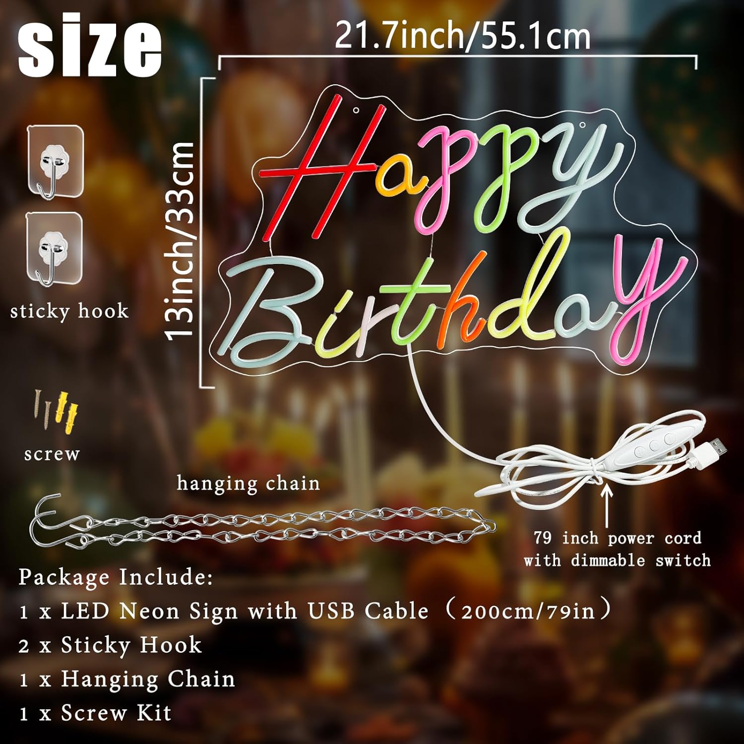 Happy Birthday Neon Sign, 21.7 x 13 Inch Neon Signs Large Size, Colorful Happy Birthday Neon Light, Big Birthday Neon Lights for Bedroom Bar Cafe Party Any Ages Bday Celebration Decoration - Image 3