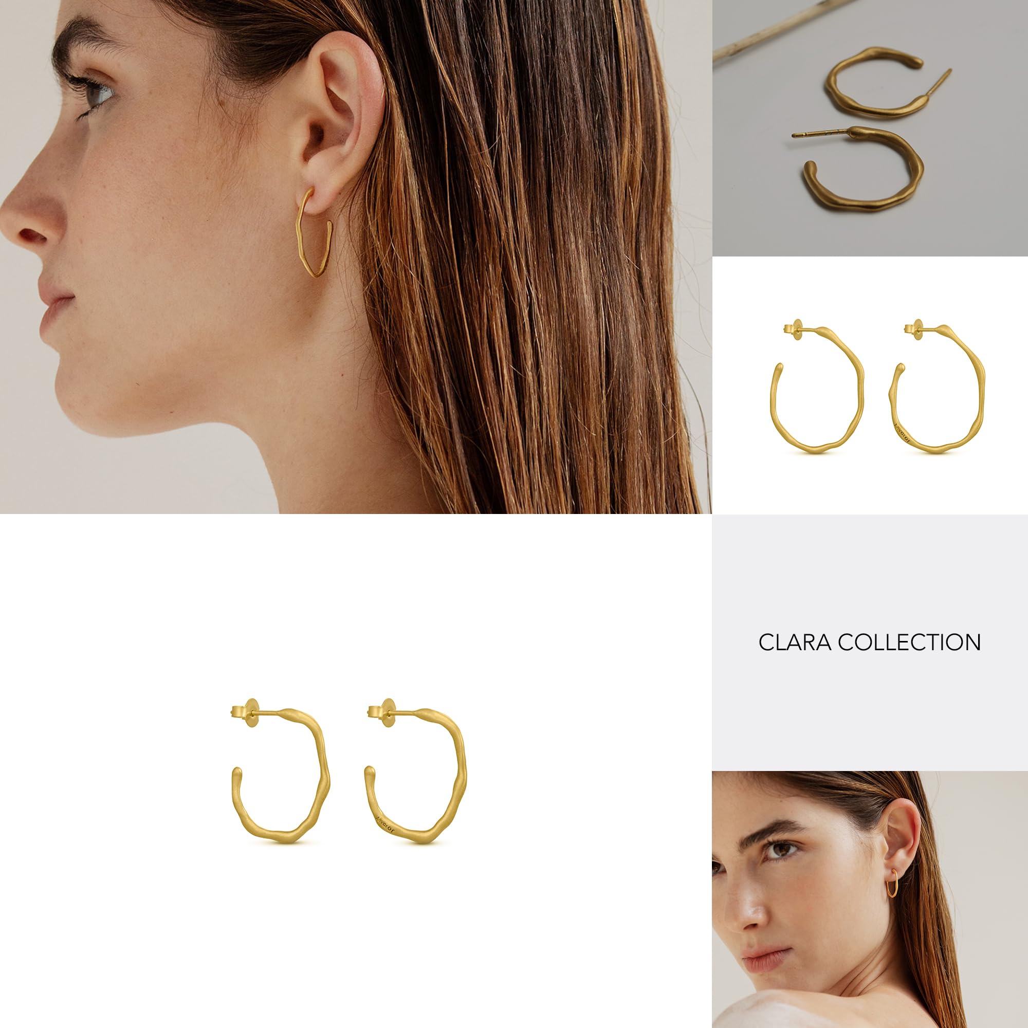 PENDIENTES DORADOS CLARA | Diseñados por laboratorio Joidart | Colección Clara | Metal con baño de oro de 24 K | Acabado en mate